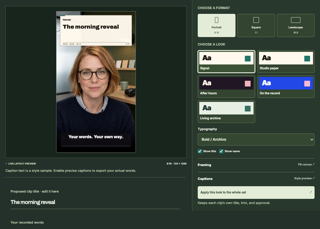 REC clip editor with a portrait preview, format choices and visual styles