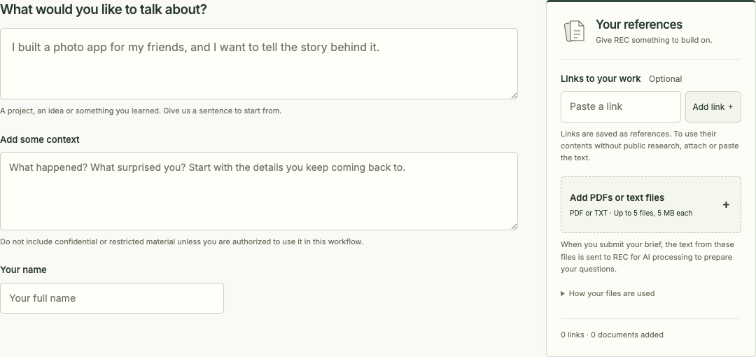 REC preparation form with a conversation topic and supporting references